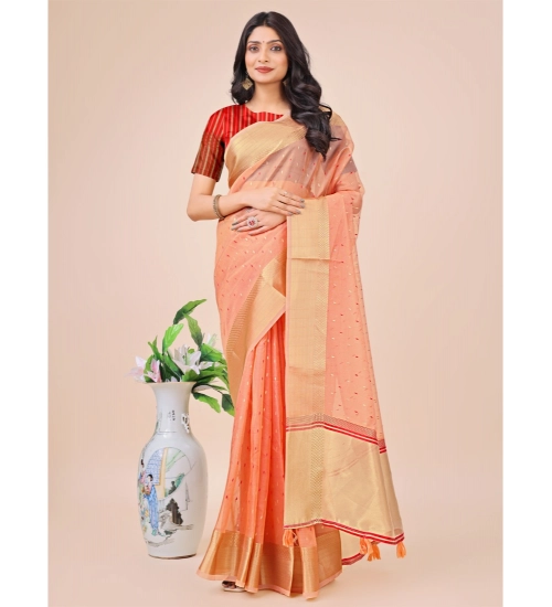Women's Organza Printed Saree With Unstitched Blouse 5.5Mtr (Peach)