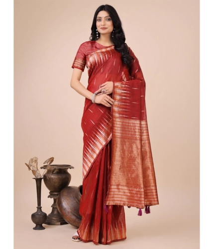 Women's Linen Cotton Printed Saree With Unstitched Blouse 5.5Mtr (Red)