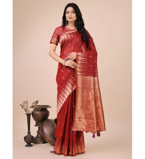 Women's Linen Cotton Printed Saree With Unstitched Blouse 5.5Mtr (Red)