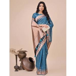 Generic Women's Linen Cotton Printed Saree With Unstitched Blouse 5.5Mtr (Blue)