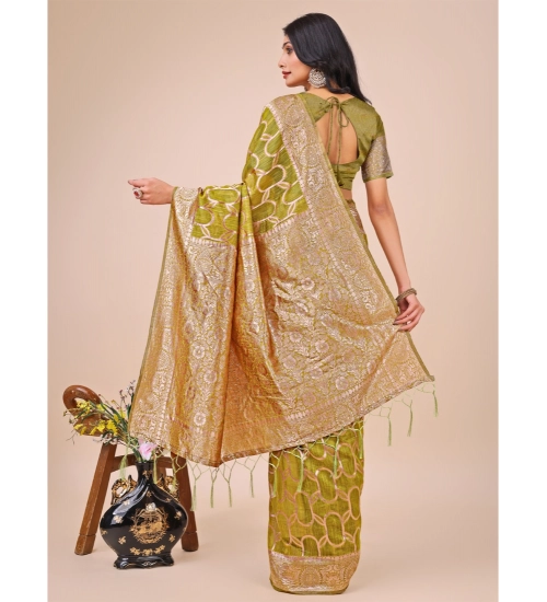 Women's Linen Cotton Printed Saree With Unstitched Blouse 5.5Mtr (Olive Green)