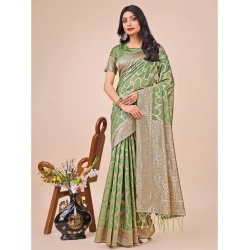 Women's Linen Cotton Printed Saree With Unstitched Blouse 5.5Mtr (Green)