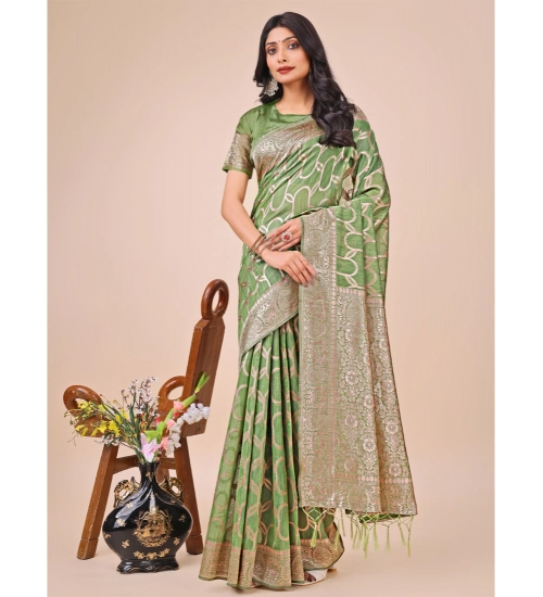 Women's Linen Cotton Printed Saree With Unstitched Blouse 5.5Mtr (Green)