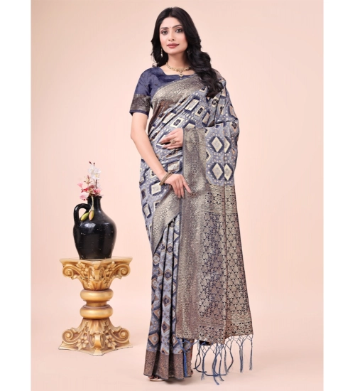 Women's Cotton Printed Saree With Unstitched Blouse 5.5Mtr (Navy Blue)