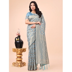 Women's Cotton Printed Saree With Unstitched Blouse 5.5Mtr (Sky Blue)
