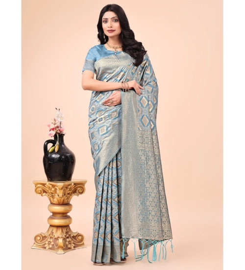 Women's Cotton Printed Saree With Unstitched Blouse 5.5Mtr (Sky Blue)