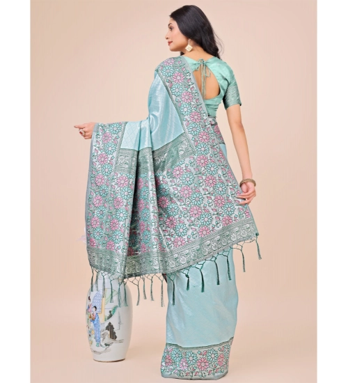 Women's Lichi Silk Printed Saree With Unstitched Blouse 5.5Mtr (Teal)