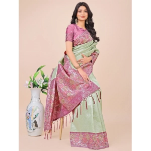 Generic Women's Lichi Silk Printed Saree With Unstitched Blouse 5.5Mtr (Olive Green)