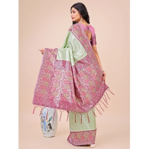 Generic Women's Lichi Silk Printed Saree With Unstitched Blouse 5.5Mtr (Olive Green)