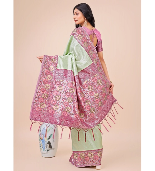 Women's Lichi Silk Printed Saree With Unstitched Blouse 5.5Mtr (Olive Green)