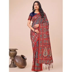 Women's Cotton Printed Saree With Unstitched Blouse 5.5Mtr (Red)