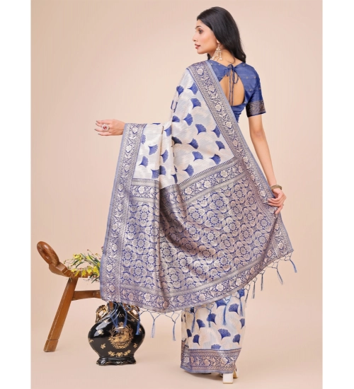 Women's Linen Cotton Printed Saree With Unstitched Blouse 5.5Mtr (Blue)