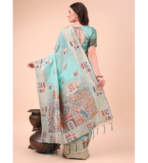 Women's Linen Cotton Printed Saree With Unstitched Blouse 5.5Mtr (Sky Blue)