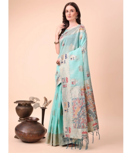 Women's Linen Cotton Printed Saree With Unstitched Blouse 5.5Mtr (Sky Blue)