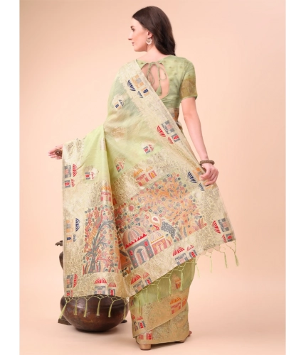 Women's Linen Cotton Printed Saree With Unstitched Blouse 5.5Mtr (Light Green) Women's Linen Cotton Printed Saree With Unstitched Blouse 5.5Mtr (Light Green)
