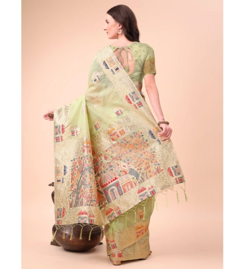 Women's Linen Cotton Printed Saree With Unstitched Blouse 5.5Mtr (Light Green)