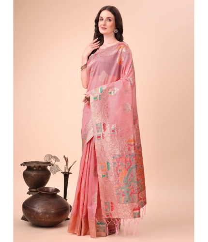 Women's Linen Cotton Printed Saree With Unstitched Blouse 5.5Mtr (Pink)