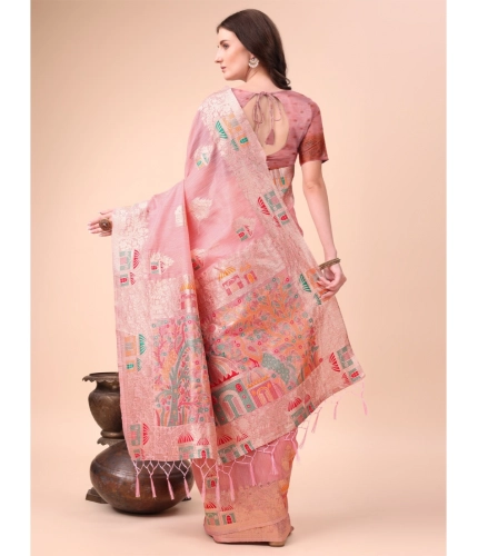 Women's Linen Cotton Printed Saree With Unstitched Blouse 5.5Mtr (Pink)