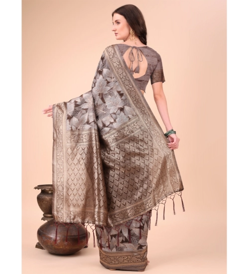 Women's Cotton Printed Saree With Unstitched Blouse 5.5Mtr (Brown)