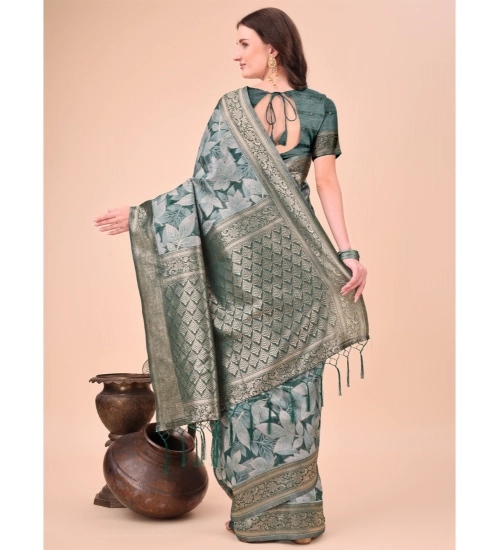 Women's Cotton Printed Saree With Unstitched Blouse 5.5Mtr (Green)