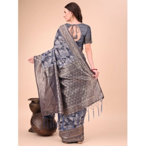 Generic Women's Cotton Printed Saree With Unstitched Blouse 5.5Mtr (Navy Blue)