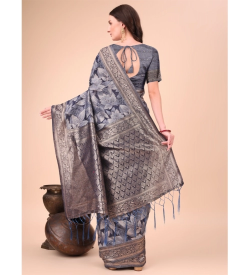 Women's Cotton Printed Saree With Unstitched Blouse 5.5Mtr (Navy Blue)