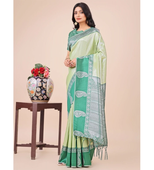 Women's Lichi Silk Printed Saree With Unstitched Blouse 5.5Mtr (Light Green)