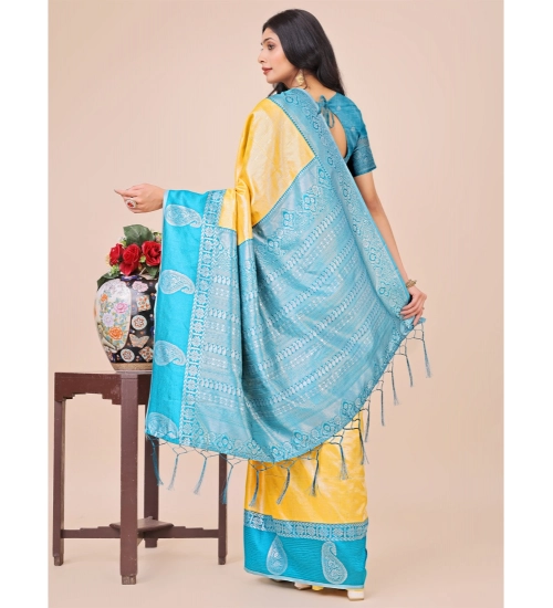 Women's Lichi Silk Printed Saree With Unstitched Blouse 5.5Mtr (Yellow)