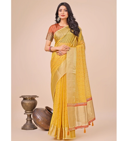 Women's Organza Printed Saree With Unstitched Blouse 5.5Mtr (Yellow)
