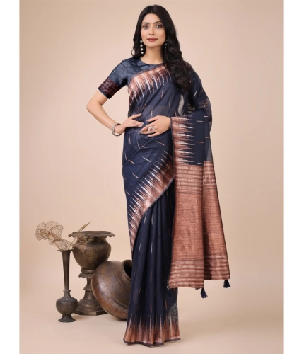 Women's Linen Cotton Printed Saree With Unstitched Blouse 5.5Mtr (Navy Blue)