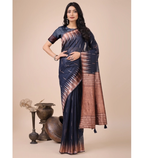 Women's Linen Cotton Printed Saree With Unstitched Blouse 5.5Mtr (Navy Blue)