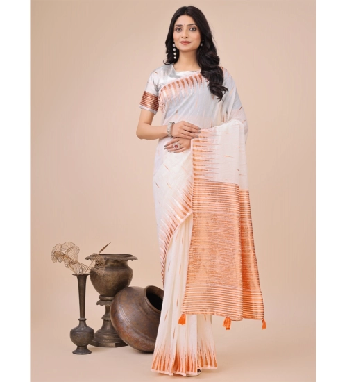 Women's Linen Cotton Printed Saree With Unstitched Blouse 5.5Mtr (White)