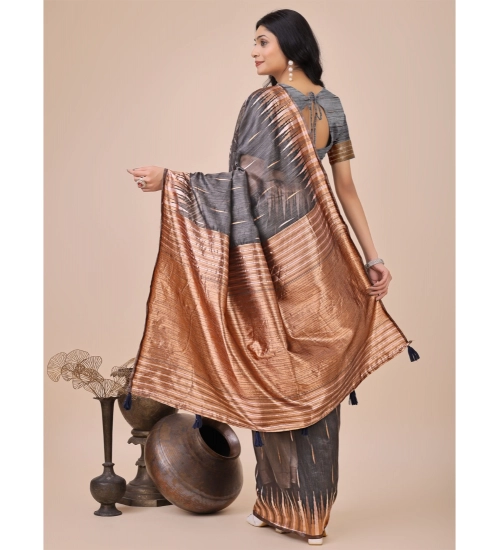 Women's Linen Cotton Printed Saree With Unstitched Blouse 5.5Mtr (Grey)