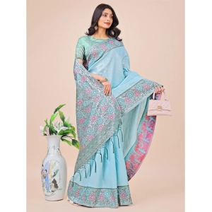 Generic Women's Lichi Silk Printed Saree With Unstitched Blouse 5.5Mtr (Teal)
