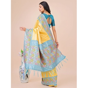 Generic Women's Lichi Silk Printed Saree With Unstitched Blouse 5.5Mtr (Yellow)