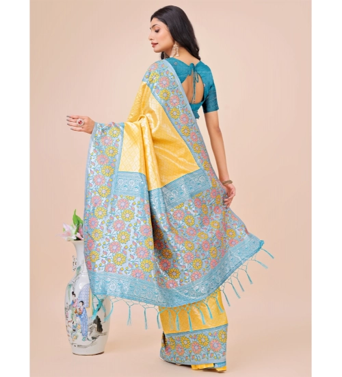 Women's Lichi Silk Printed Saree With Unstitched Blouse 5.5Mtr (Yellow)