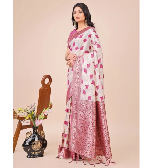 Women's Linen Cotton Printed Saree With Unstitched Blouse 5.5Mtr (Magenta)