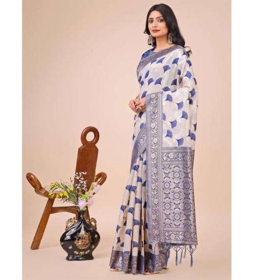 Women's Linen Cotton Printed Saree With Unstitched Blouse 5.5Mtr (Blue)