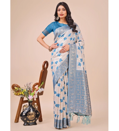 Women's Linen Cotton Printed Saree With Unstitched Blouse 5.5Mtr (Teal)