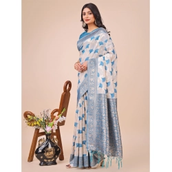 Women's Linen Cotton Printed Saree With Unstitched Blouse 5.5Mtr (Sky Blue)