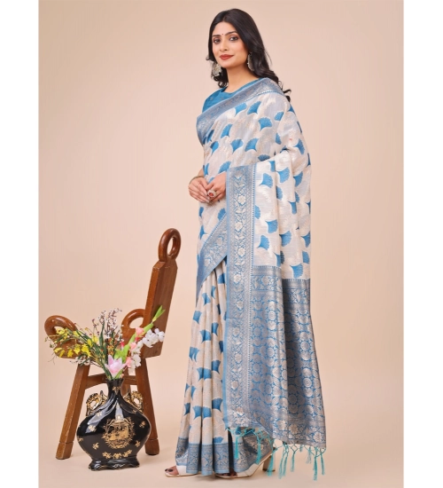 Women's Linen Cotton Printed Saree With Unstitched Blouse 5.5Mtr (Sky Blue)