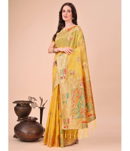 Women's Linen Cotton Printed Saree With Unstitched Blouse 5.5Mtr (Yellow)