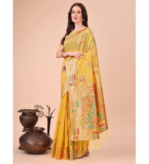Women's Linen Cotton Printed Saree With Unstitched Blouse 5.5Mtr (Yellow)