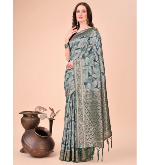 Women's Cotton Printed Saree With Unstitched Blouse 5.5Mtr (Green)