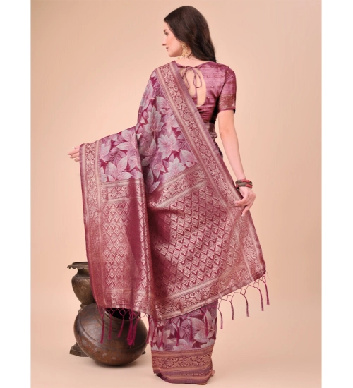 Women's Cotton Printed Saree With Unstitched Blouse 5.5Mtr (Magenta)