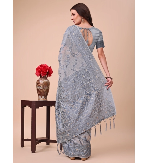 Women's Cotton Printed Saree With Unstitched Blouse 5.5Mtr (Grey)