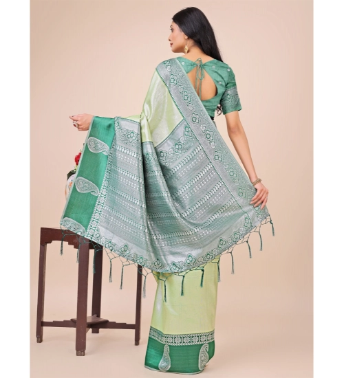 Women's Lichi Silk Printed Saree With Unstitched Blouse 5.5Mtr (Light Green)