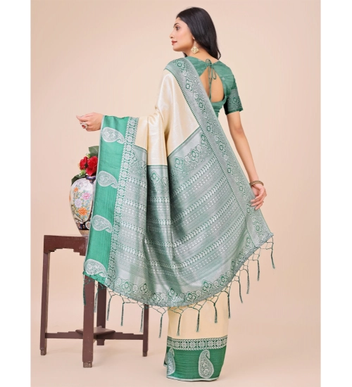 Women's Lichi Silk Printed Saree With Unstitched Blouse 5.5Mtr (Cream)