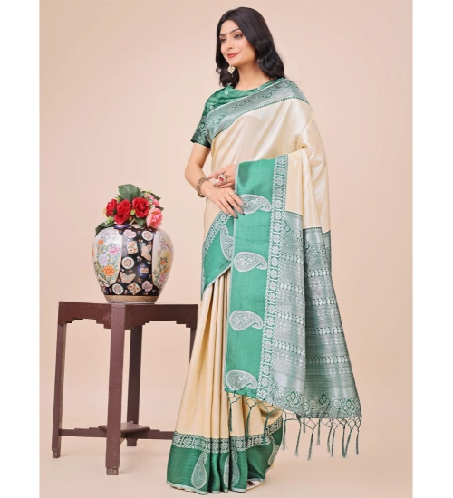 Women's Lichi Silk Printed Saree With Unstitched Blouse 5.5Mtr (Cream)