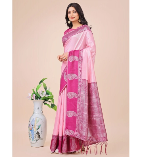 Women's Lichi Silk Printed Saree With Unstitched Blouse 5.5Mtr (Light Pink)